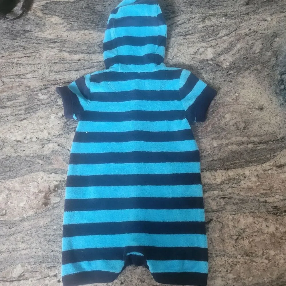 Baby GAP 3-6 Month Striped Hooded Terry Romper Jumpsuit Outfit Blue